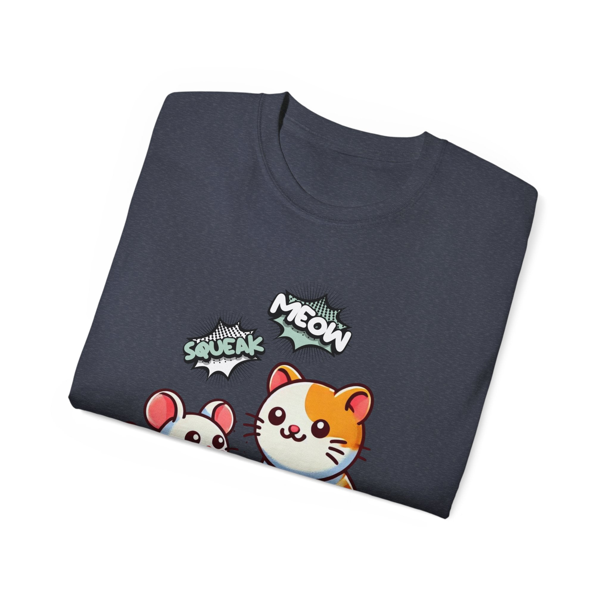 Cute Cat & Mouse Graphic Tee – 'Meow' Cartoon Pet Shirt
