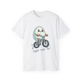 Eggs-cuse Me! Cute Egg Riding Bike T-Shirt — Funny Bicycle Cartoon Tee