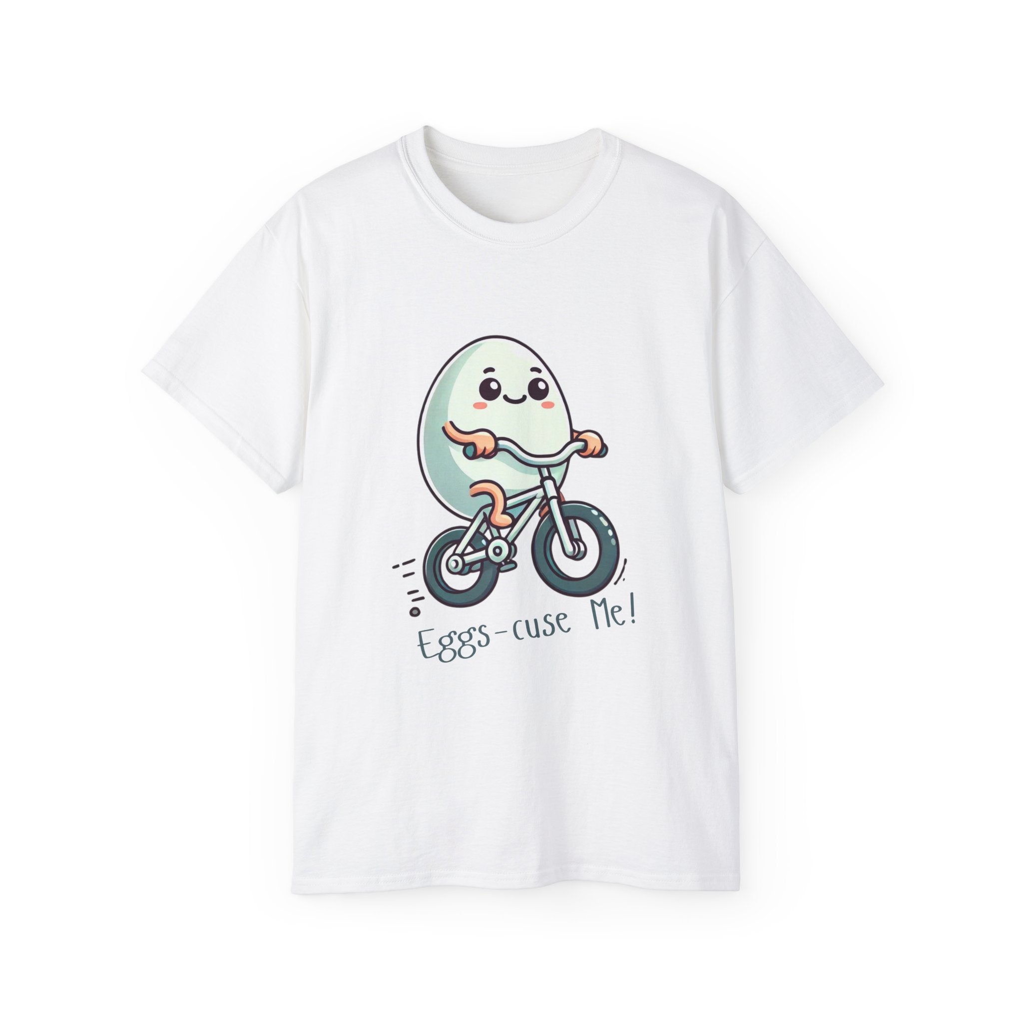 Eggs-cuse Me! Cute Egg Riding Bike T-Shirt — Funny Bicycle Cartoon Tee