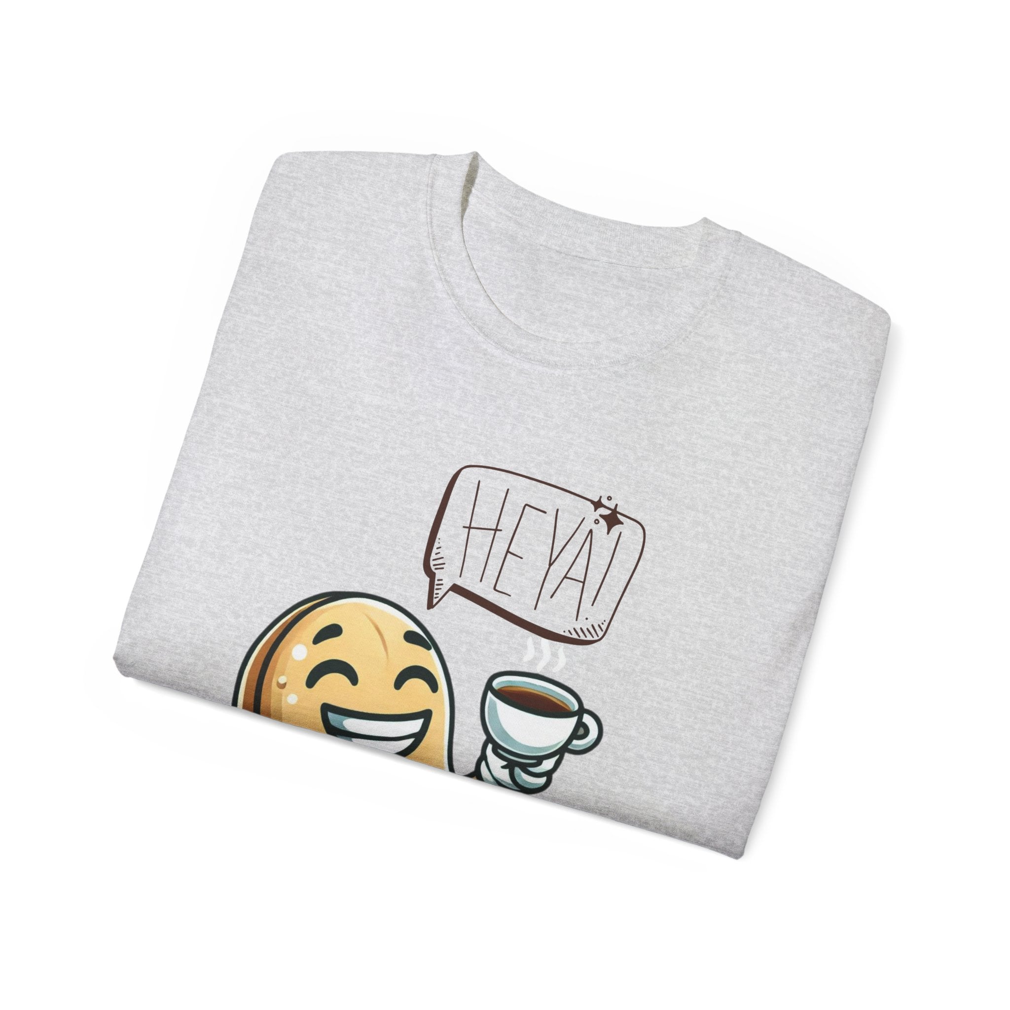 Coffee Bean Cartoon Tee — "Heya!" Cute Morning Coffee T-Shirt