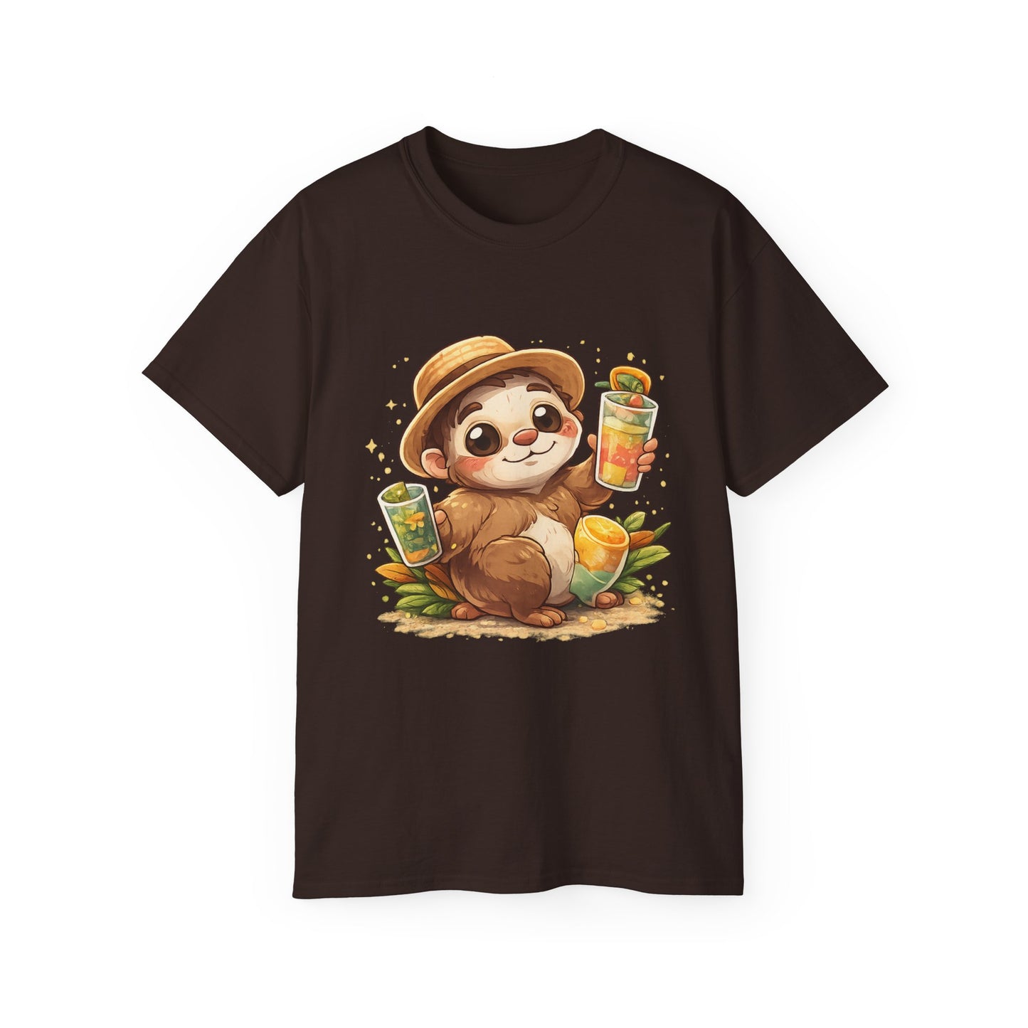 Cute Sloth Summer Tee — Sloth with Bubble Tea & Citrus Illustration Shirt