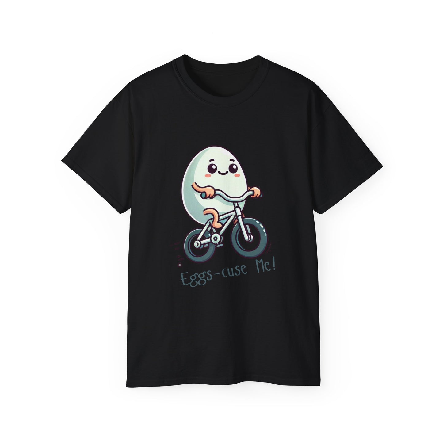 Eggs-cuse Me! Cute Egg Riding Bike T-Shirt — Funny Bicycle Cartoon Tee