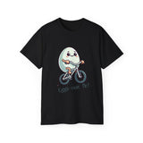 Eggs-cuse Me! Cute Egg Riding Bike T-Shirt — Funny Bicycle Cartoon Tee