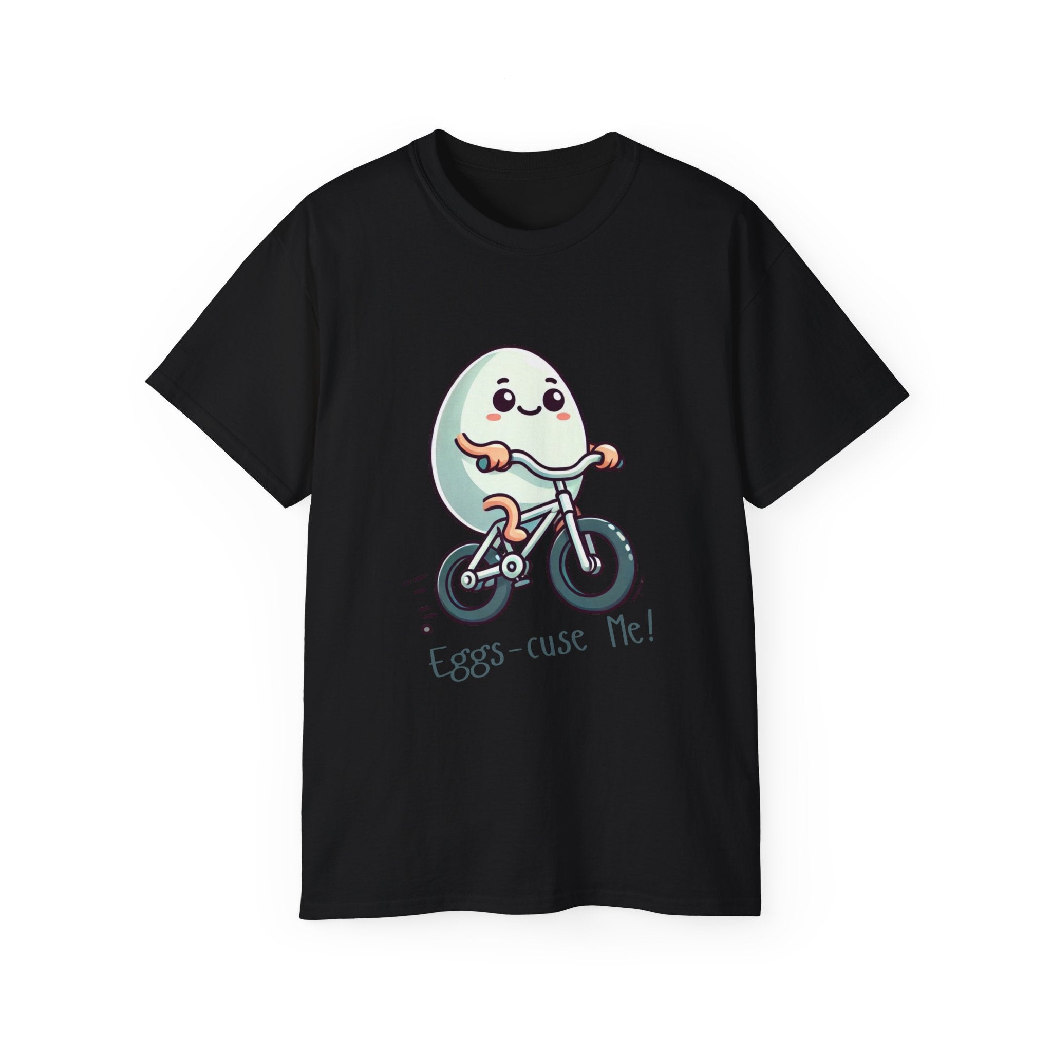Eggs-cuse Me! Cute Egg Riding Bike T-Shirt — Funny Bicycle Cartoon Tee