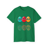 Cute Easter Egg Trio T‑Shirt — Colorful Cartoon Eggs Graphic Tee