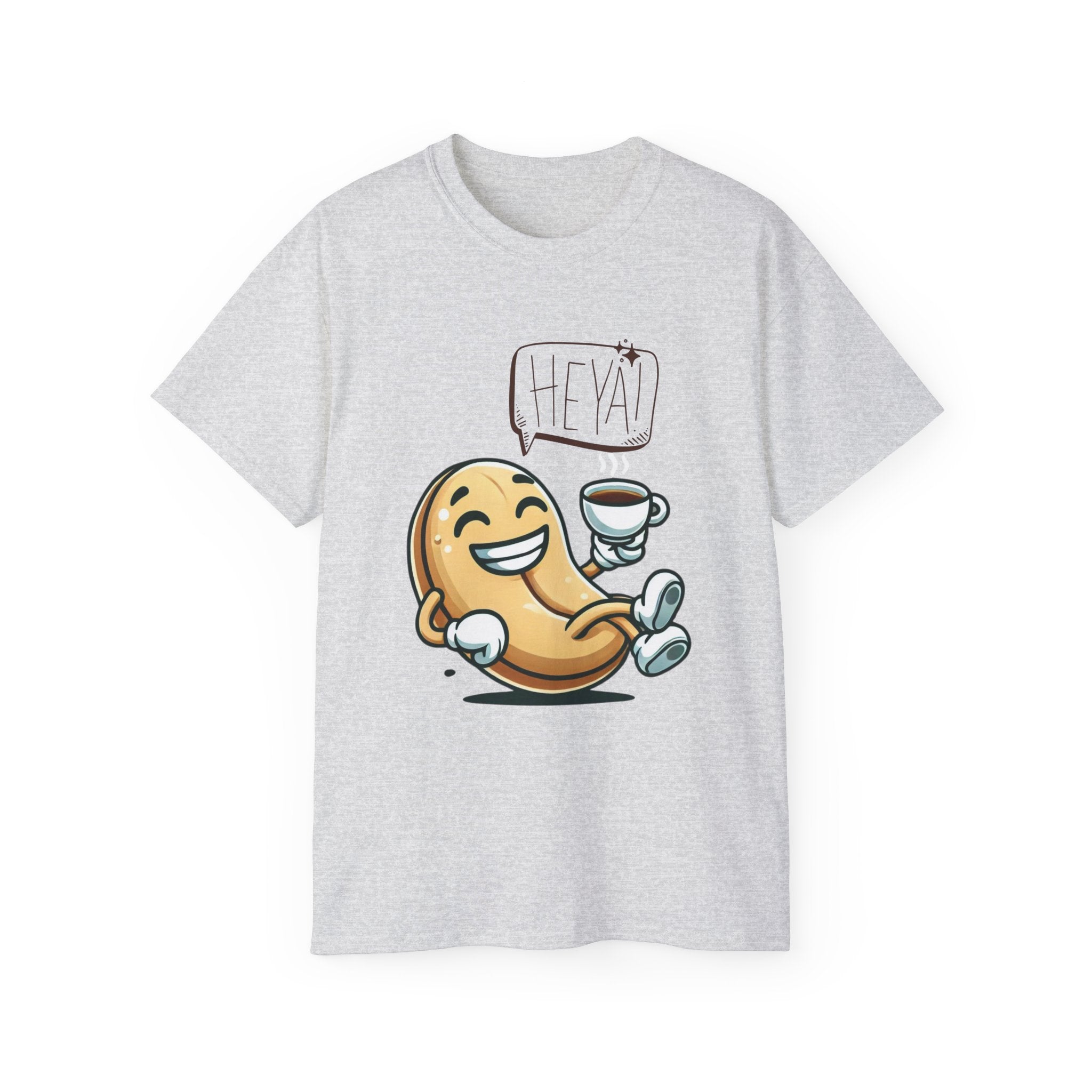 Coffee Bean Cartoon Tee — "Heya!" Cute Morning Coffee T-Shirt