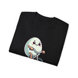 Eggs-cuse Me! Cute Egg Riding Bike T-Shirt — Funny Bicycle Cartoon Tee