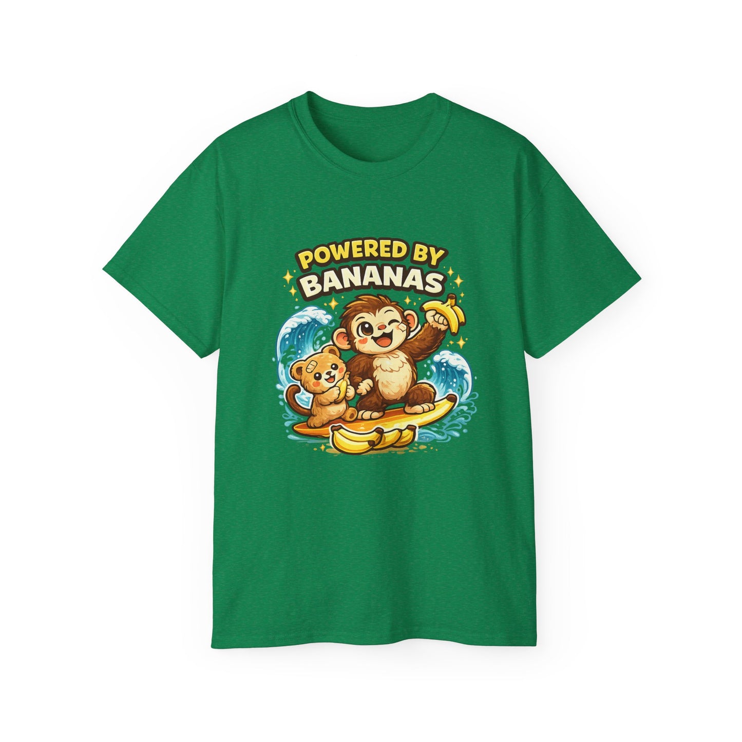 Powered by Bananas Tee — Cute Surfing Monkey & Teddy Graphic Shirt