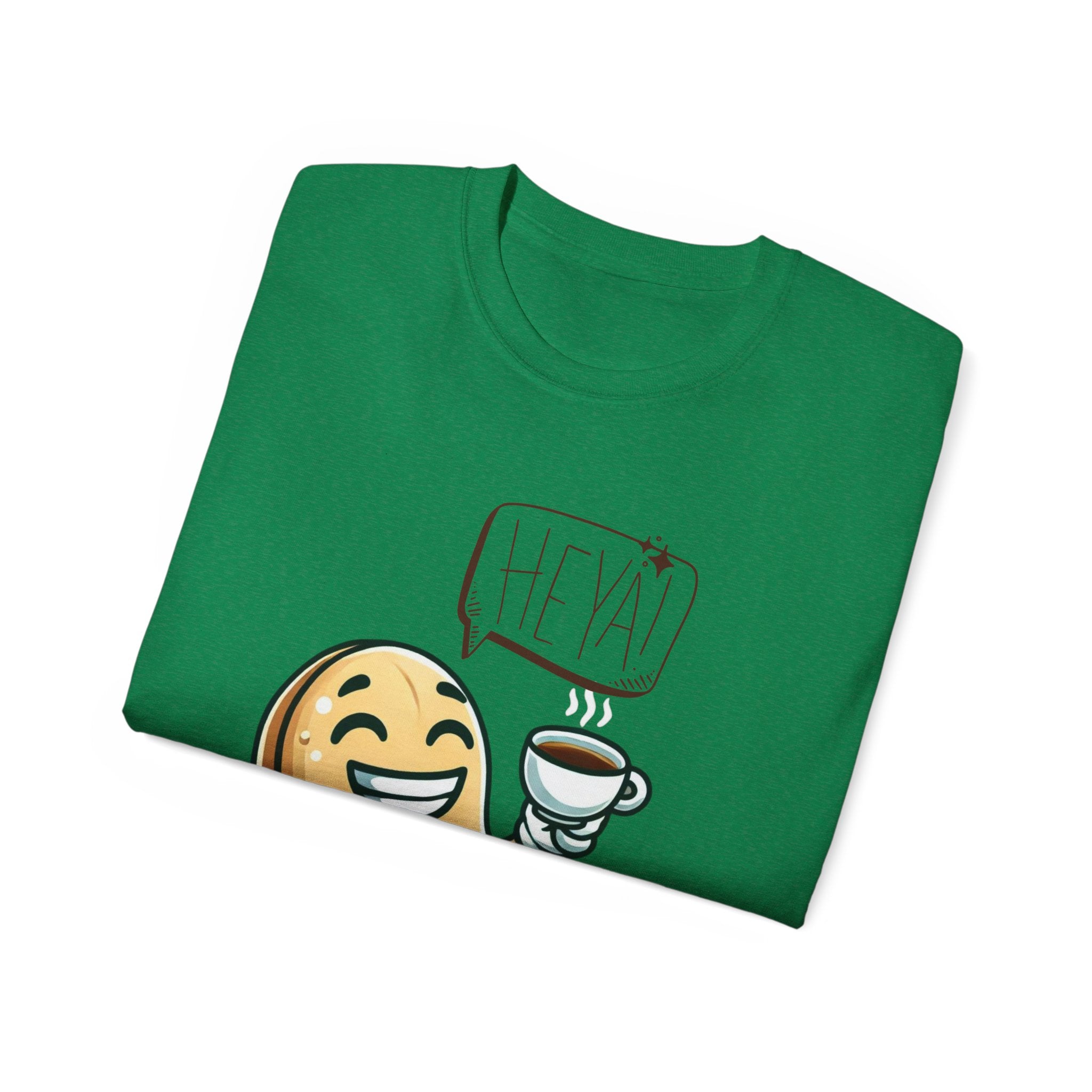 Coffee Bean Cartoon Tee — "Heya!" Cute Morning Coffee T-Shirt