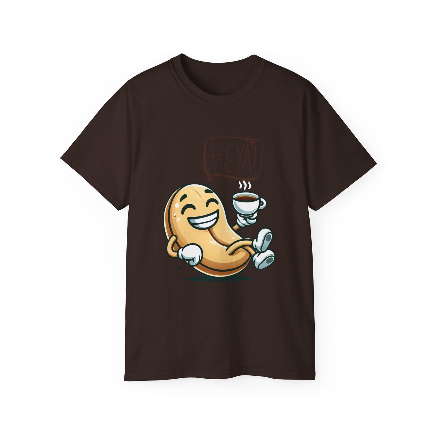 Coffee Bean Cartoon Tee — "Heya!" Cute Morning Coffee T-Shirt