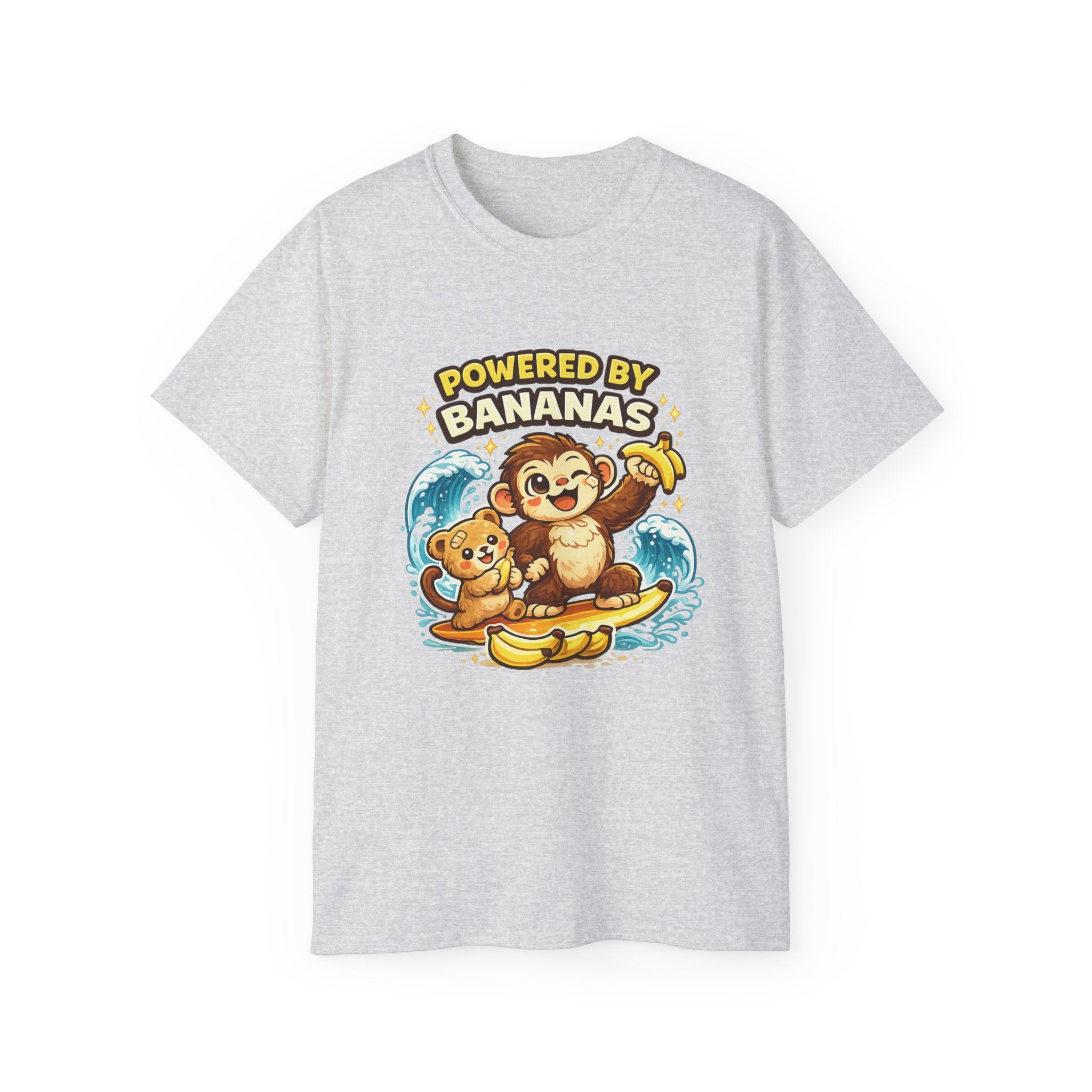 Powered by Bananas Tee — Cute Surfing Monkey & Teddy Graphic Shirt