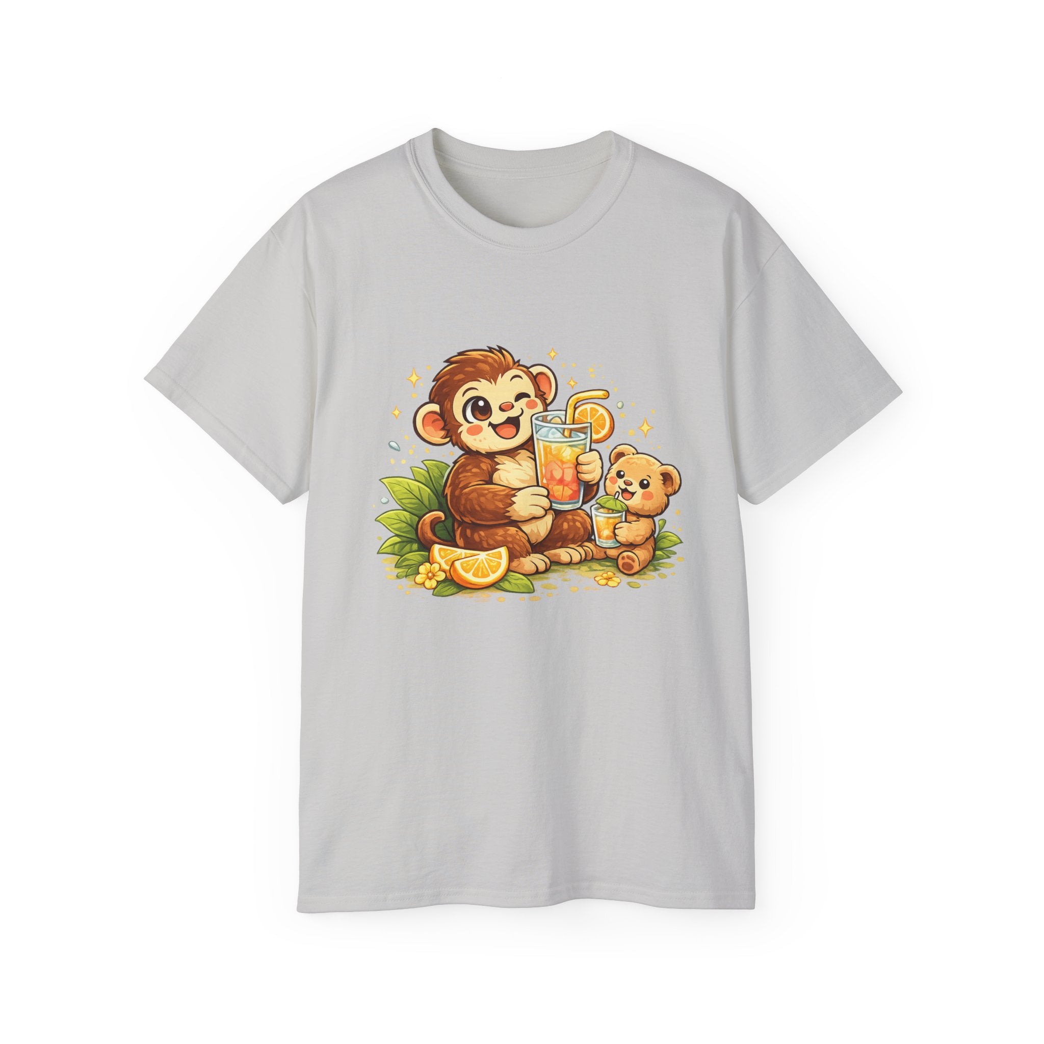 Cute Monkey & Puppy Orange Juice T-Shirt — Playful Tropical Animal Tee