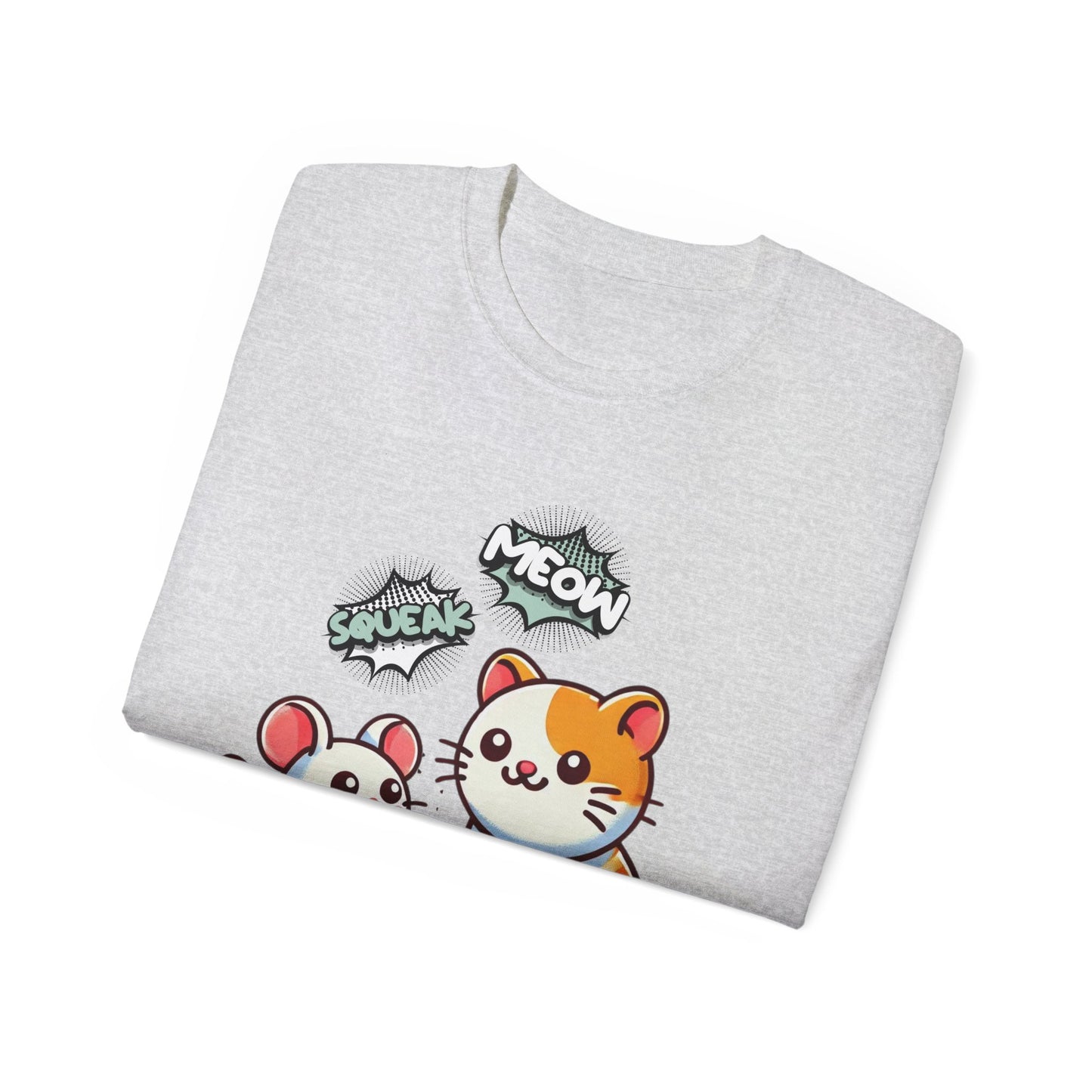 Cute Cat & Mouse Graphic Tee – 'Meow' Cartoon Pet Shirt