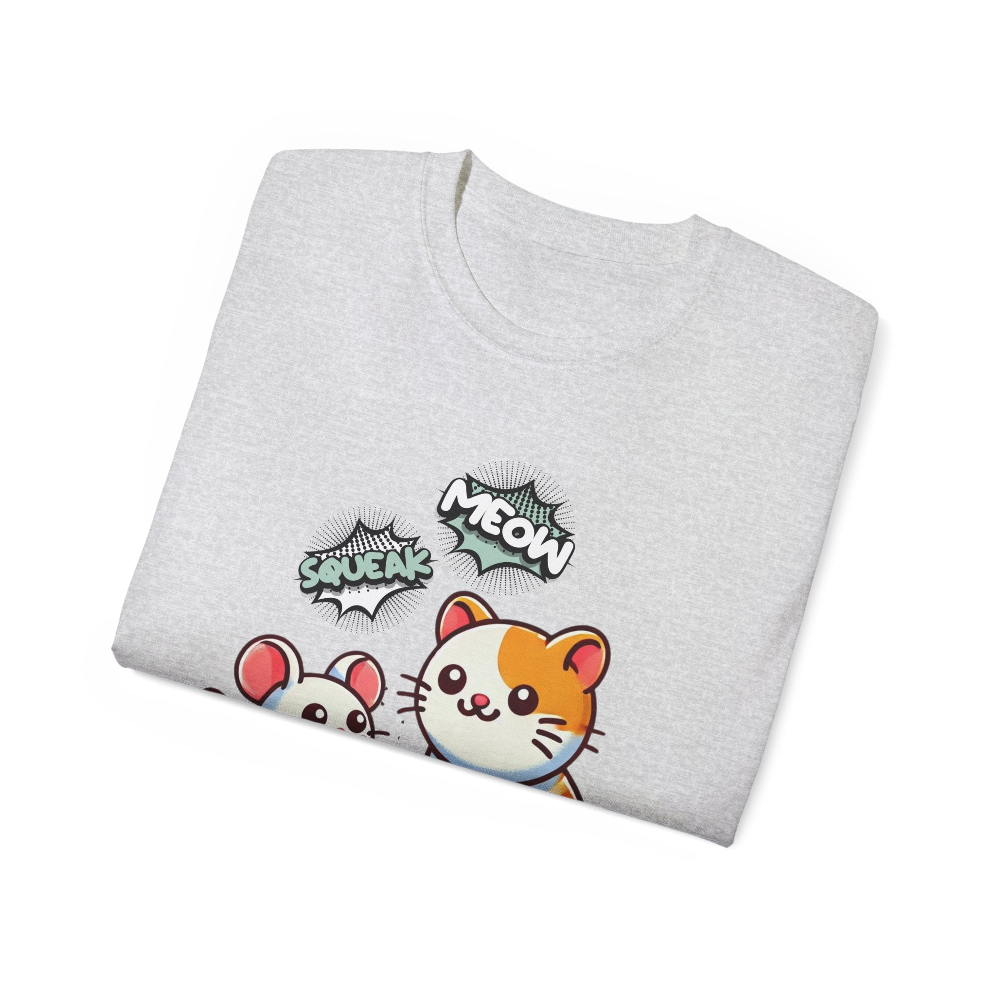 Cute Cat & Mouse Graphic Tee – 'Meow' Cartoon Pet Shirt