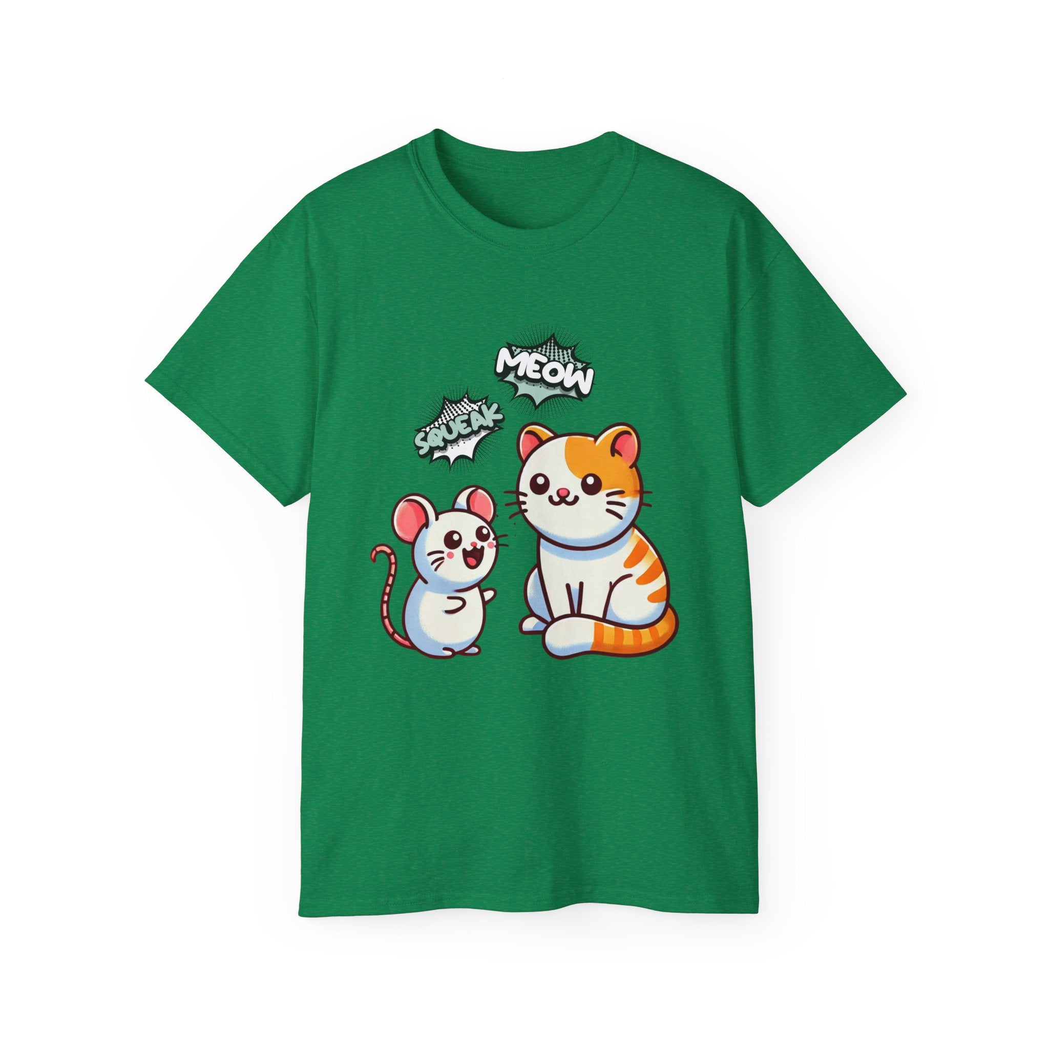 Cute Cat & Mouse Graphic Tee – 'Meow' Cartoon Pet Shirt