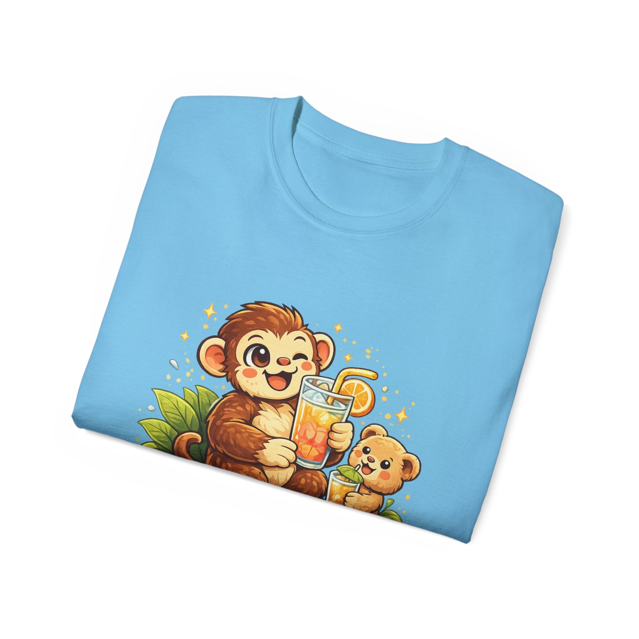 Cute Monkey & Puppy Orange Juice T-Shirt — Playful Tropical Animal Tee