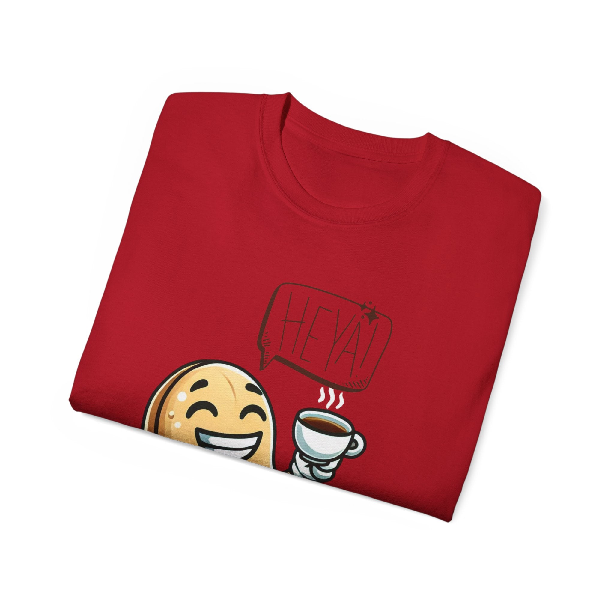 Coffee Bean Cartoon Tee — "Heya!" Cute Morning Coffee T-Shirt