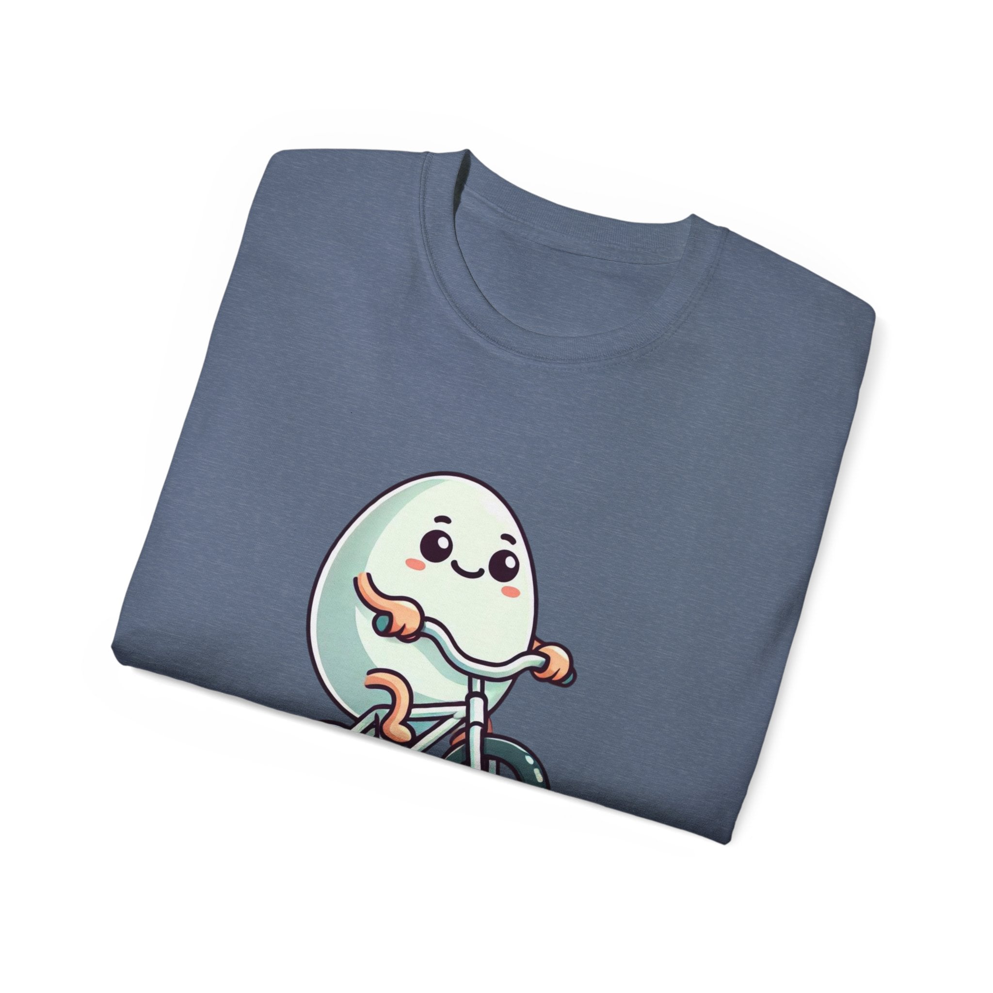 Eggs-cuse Me! Cute Egg Riding Bike T-Shirt — Funny Bicycle Cartoon Tee