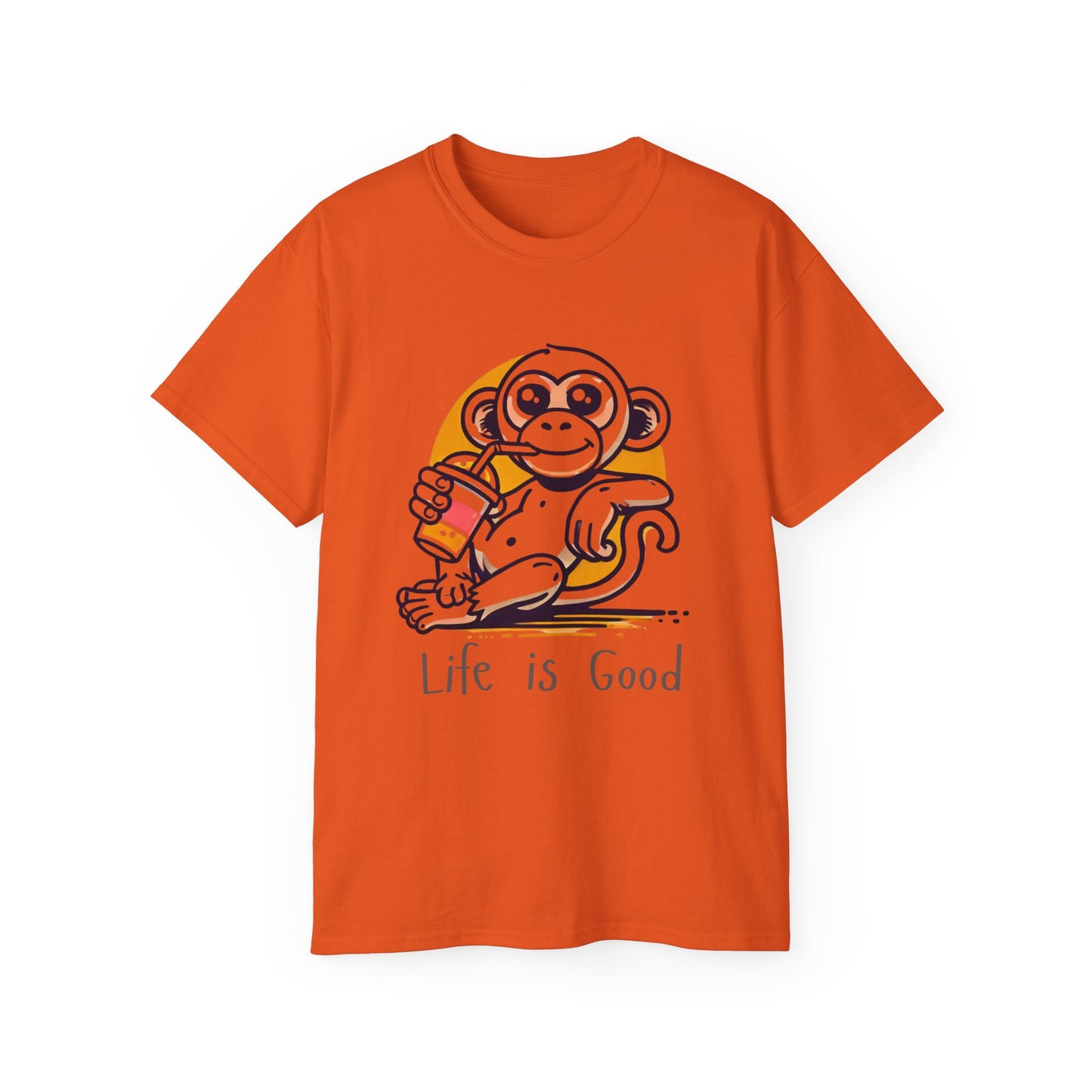 Life Is Good Monkey T‑Shirt — Cute Cartoon Monkey Drinking Juice Tee