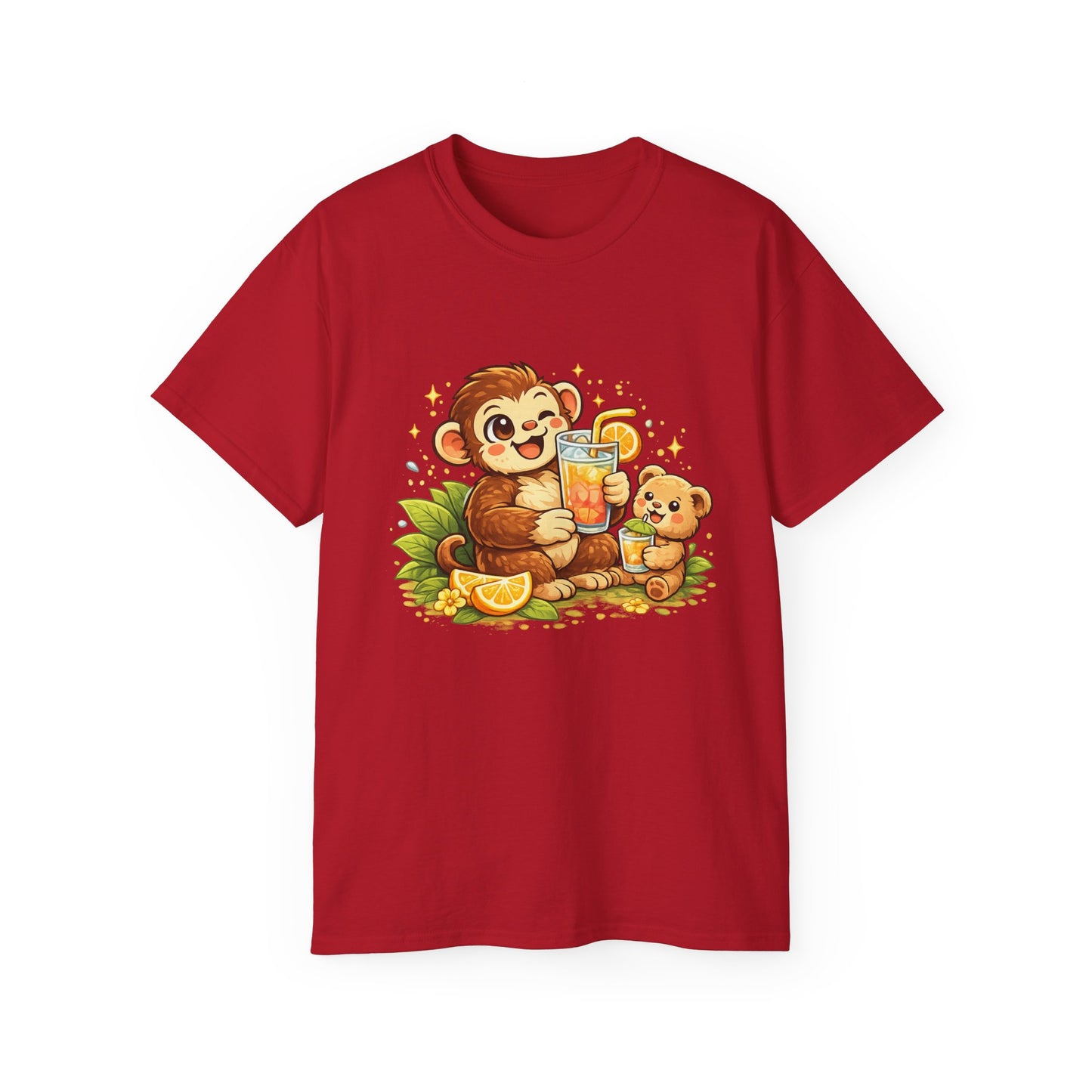 Cute Monkey & Puppy Orange Juice T-Shirt — Playful Tropical Animal Tee