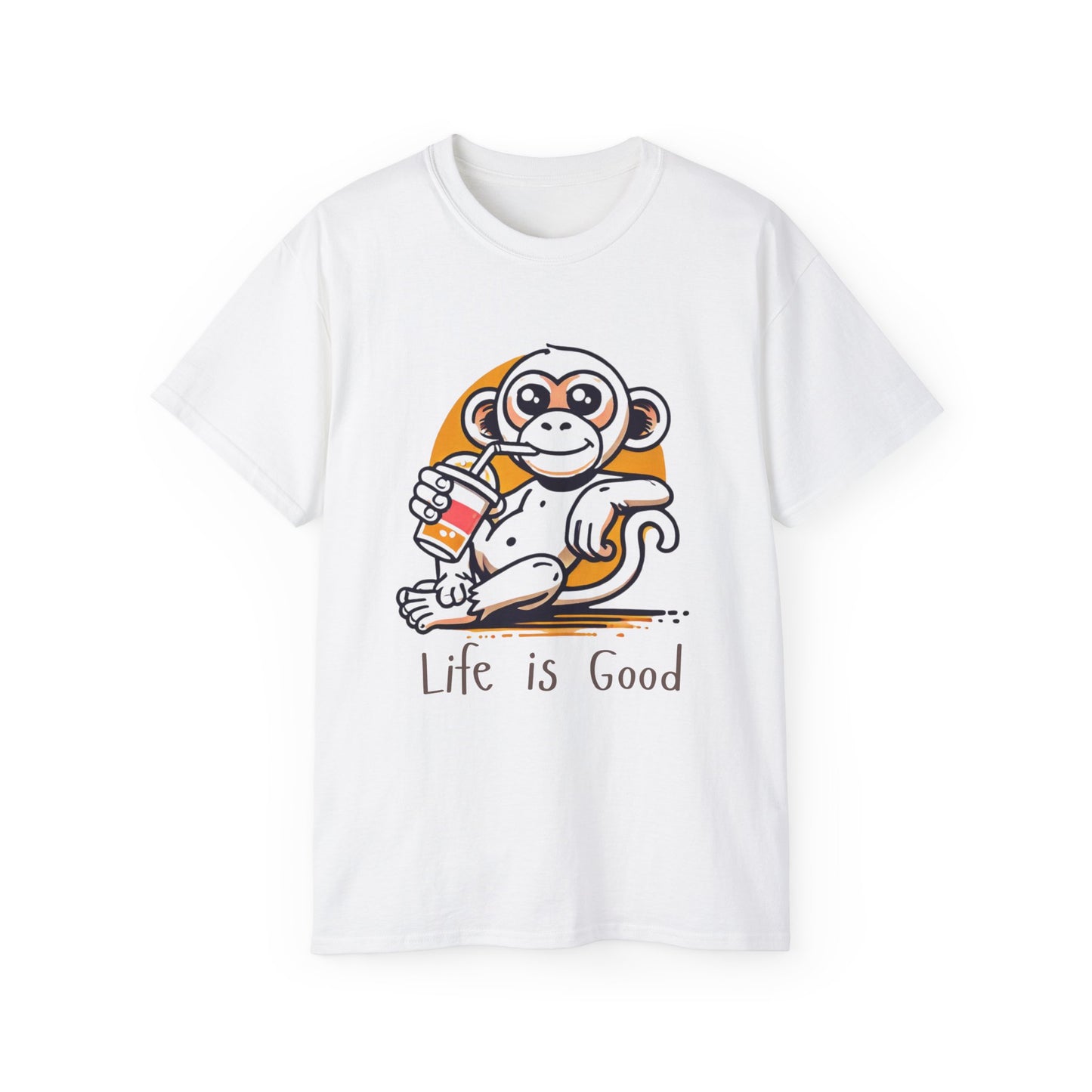 Life Is Good Monkey T‑Shirt — Cute Cartoon Monkey Drinking Juice Tee