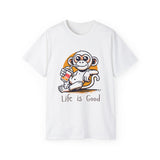 Life Is Good Monkey T‑Shirt — Cute Cartoon Monkey Drinking Juice Tee
